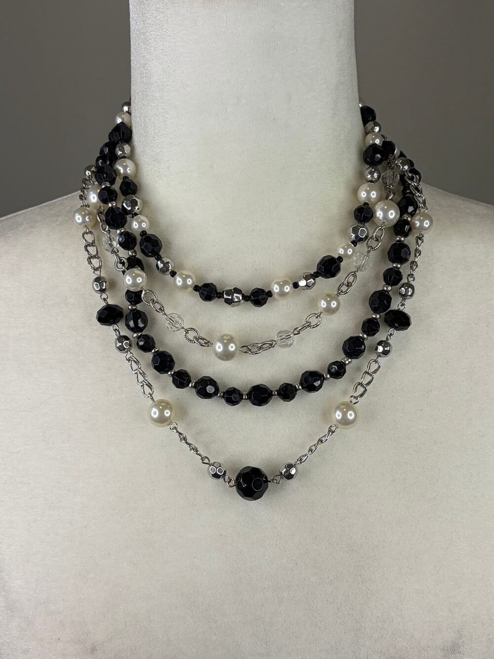 Premier Designs Black Silver Tone Layered Necklace Beaded Statement